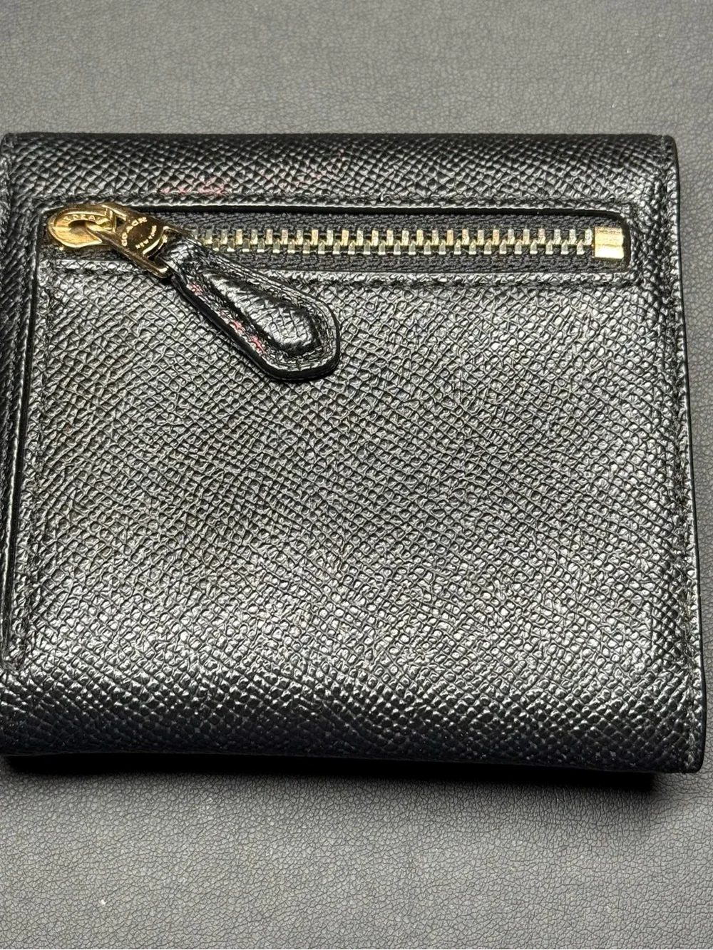 Coach Black Pebbled Leather Compact Wallet with Gold Logo
